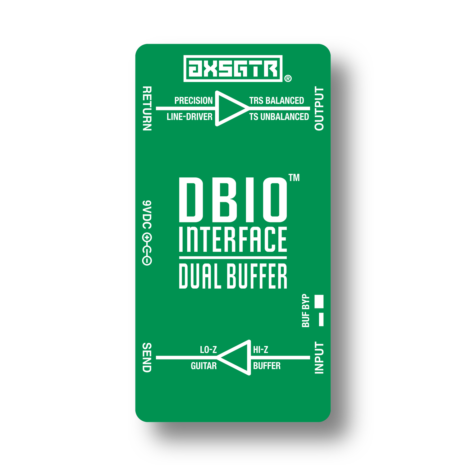 axess electronics axsgtr DBIO dual buffer pedalboard interface patchbox guitar input buffer output buffer line driver green