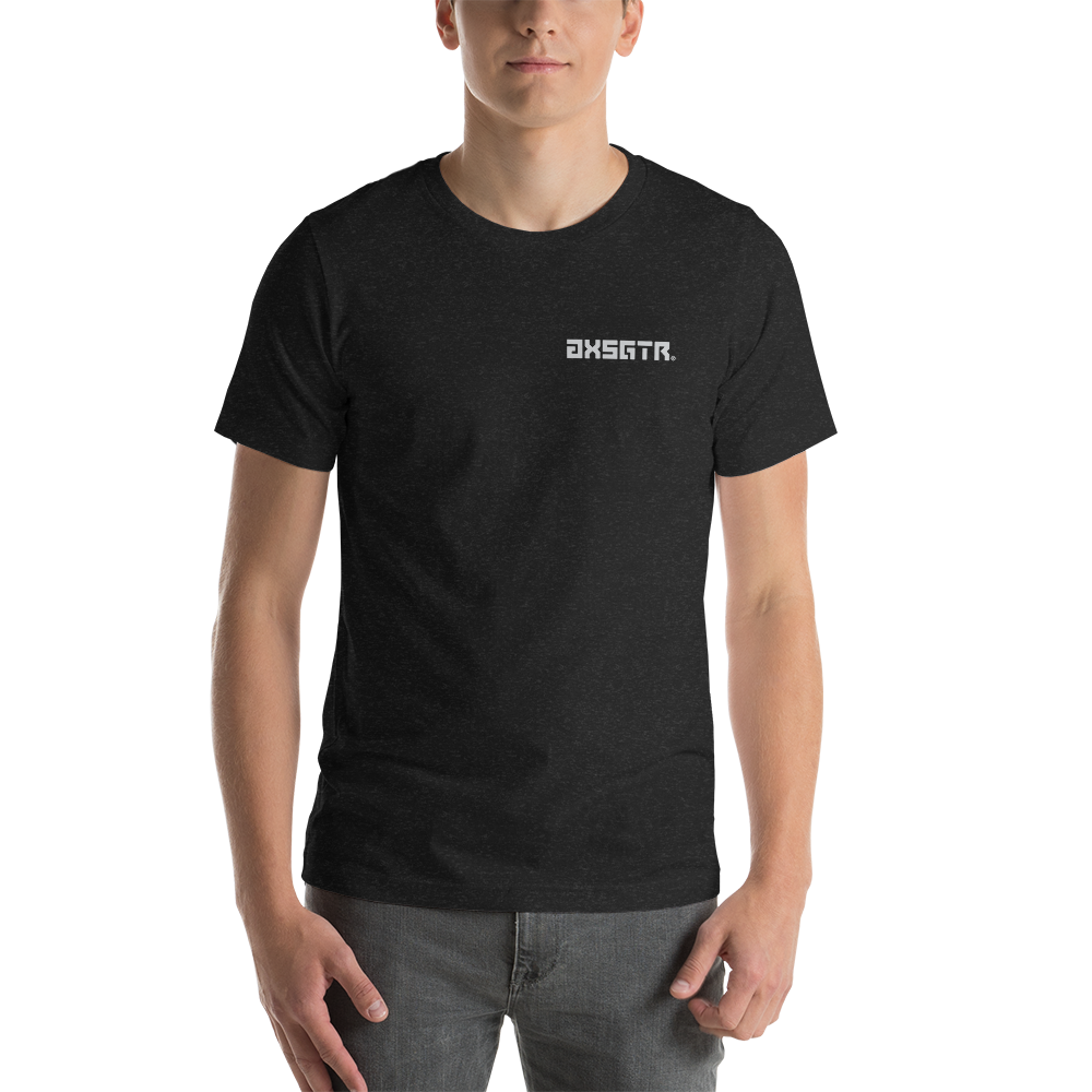 axsgtr axess electronics guitar music industry branded merchandise swag unisex cotton left logo tee t shirt black heather